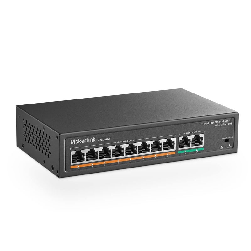 MokerLink 8 Port PoE Switch with 2 Gigabit Uplink, 802.3af/at PoE+ 100Mbps, 120W Built-in Power, Extend to 250Meter, Metal Plug & Play - Image 1